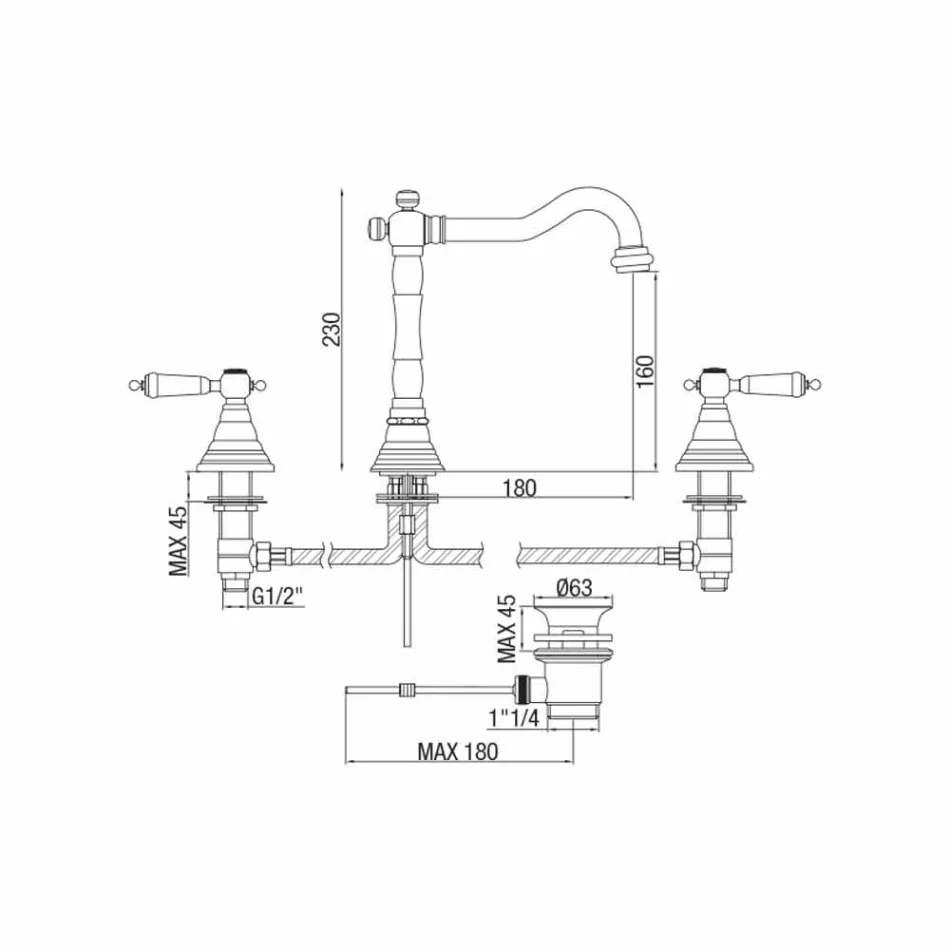 Mezclador clásico de lavabo de latón con 3 orificios Made in Italy - Shelly Viadurini