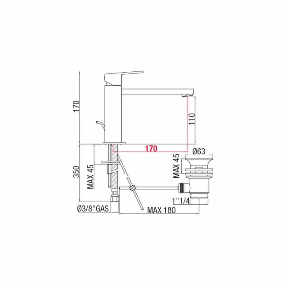 Mezclador de lavabo de baño con caño 170 mm distancia entre ejes Made in Italy - Medida Viadurini