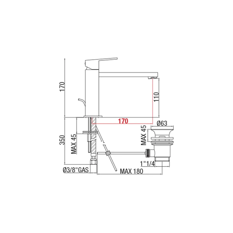 Mezclador de lavabo de baño con caño de 170 mm de distancia entre ejes Made in Italy - Medida Viadurini