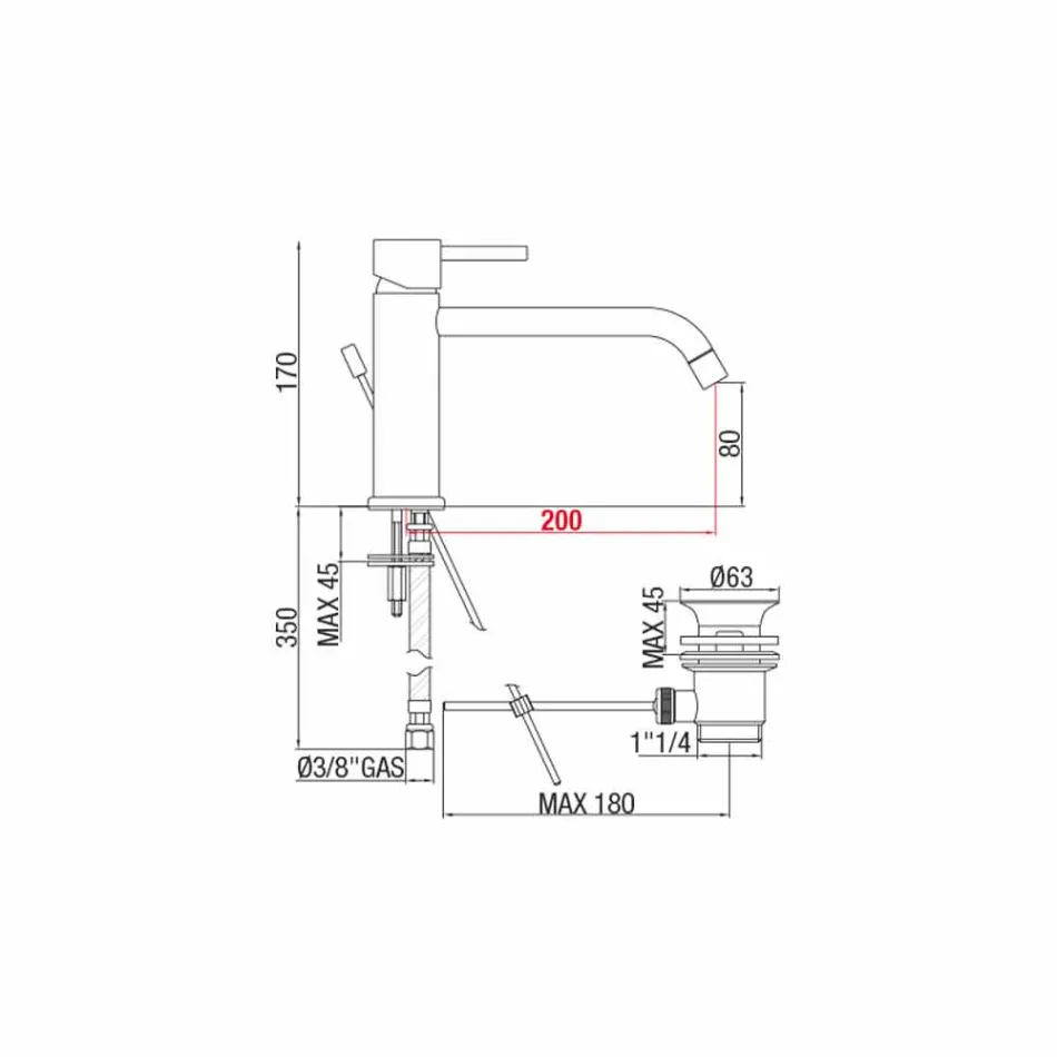 Mezclador de lavabo con caño 200 mm Distancia al centro en latón Made in Italy - Liro Viadurini