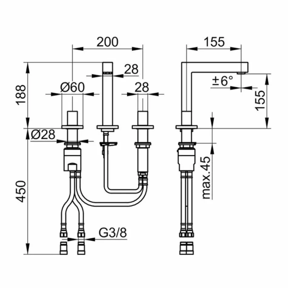 Mezclador de lavabo moderno de metal cromado con tres orificios - Girino Viadurini