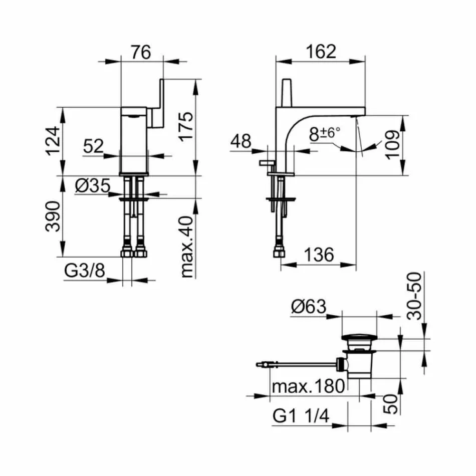 Mezclador monomando moderno de lavabo con desagüe metálico - Etto Viadurini