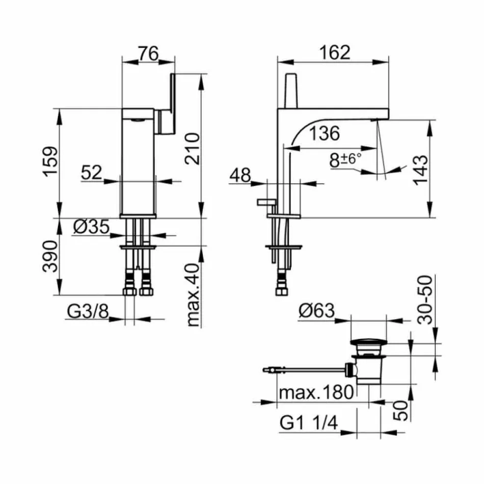 Mezclador monomando moderno de lavabo con desagüe metálico - Etto Viadurini