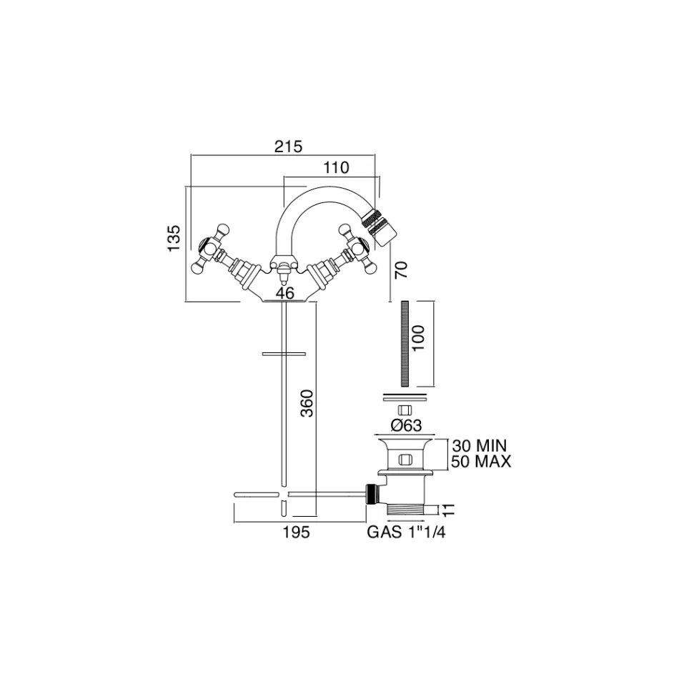 Mezclador de bidé vintage de un orificio de latón Made in Italy - Elisea Viadurini