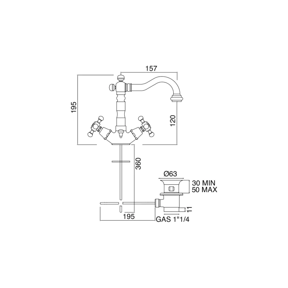 Mezclador de lavabo de un orificio de diseño vintage en latón Made in Italy - Ursula Viadurini