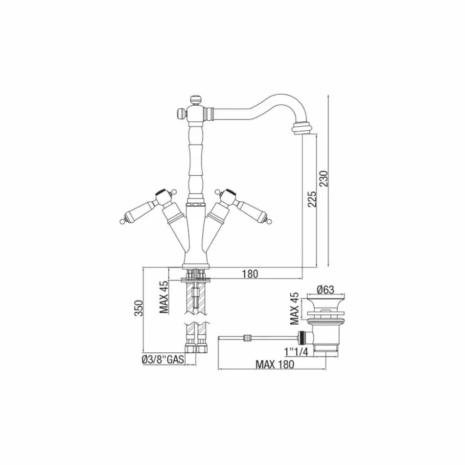 Mezclador de un orificio para lavabo clásico de latón Made in Italy - Shelly Viadurini