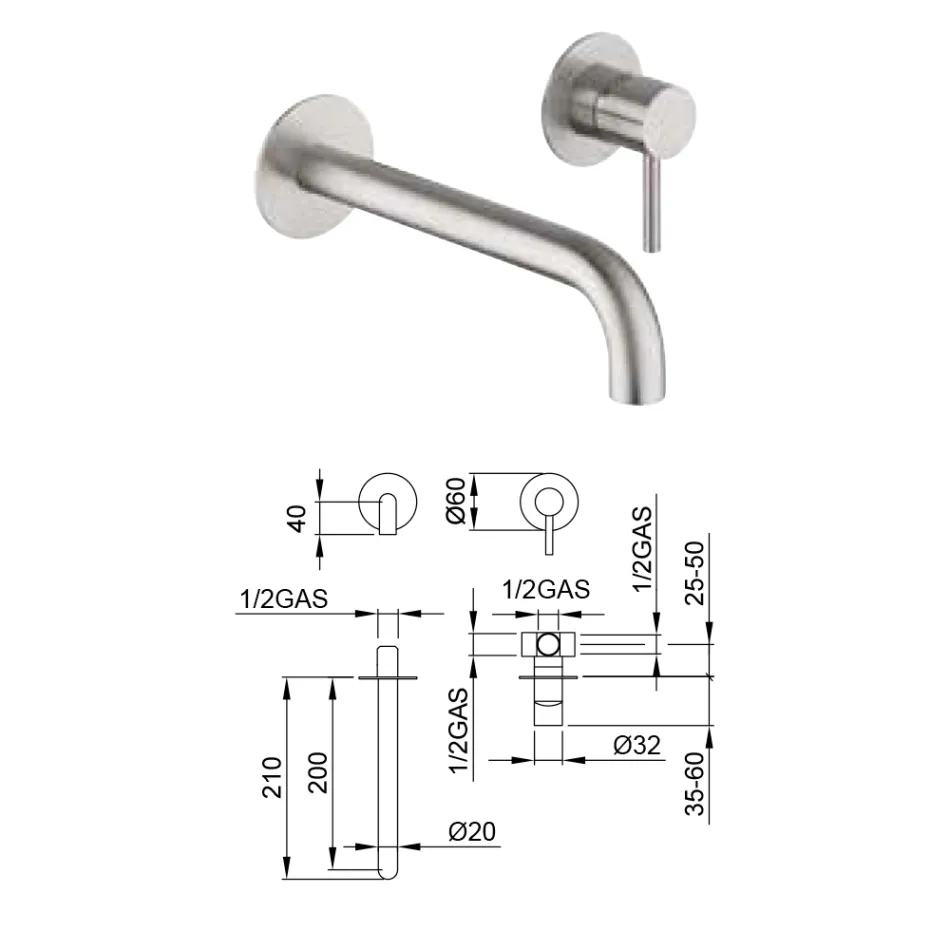Mezclador de lavabo empotrado en acero inoxidable AISI 316L - Artigli Viadurini