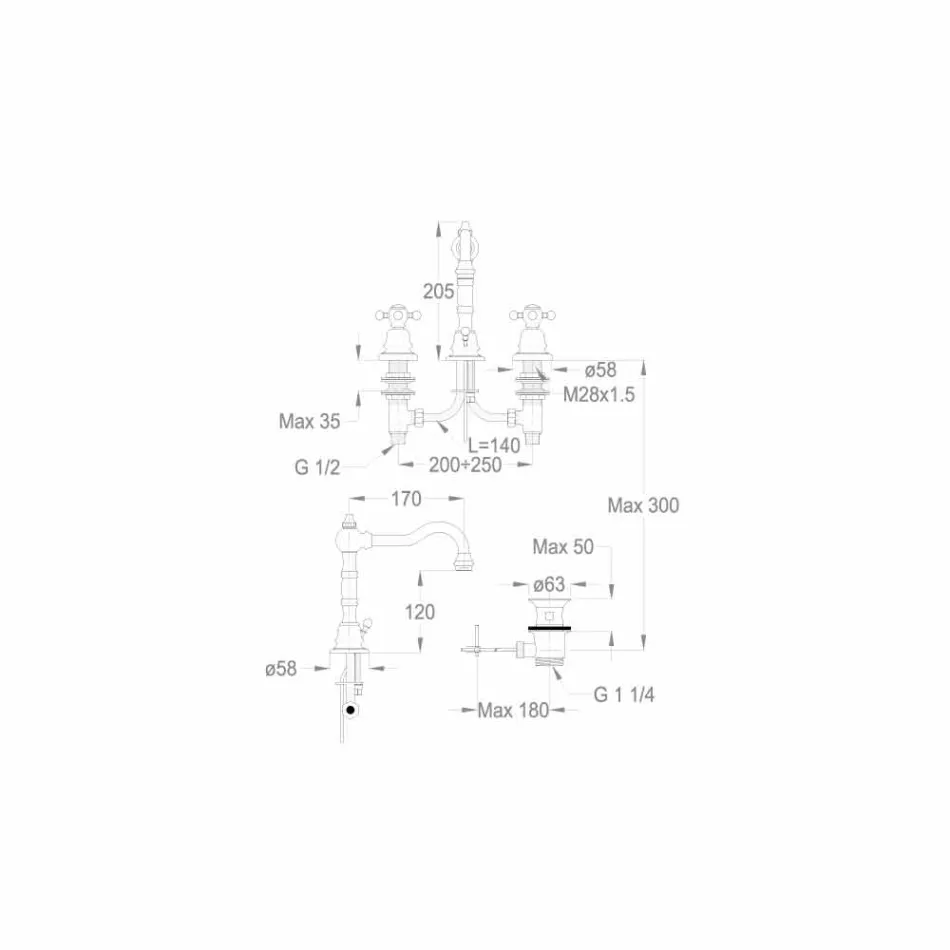 Mezclador de lavabo de baño moderno de latón con tres orificios Made in Italy - Binsu Viadurini