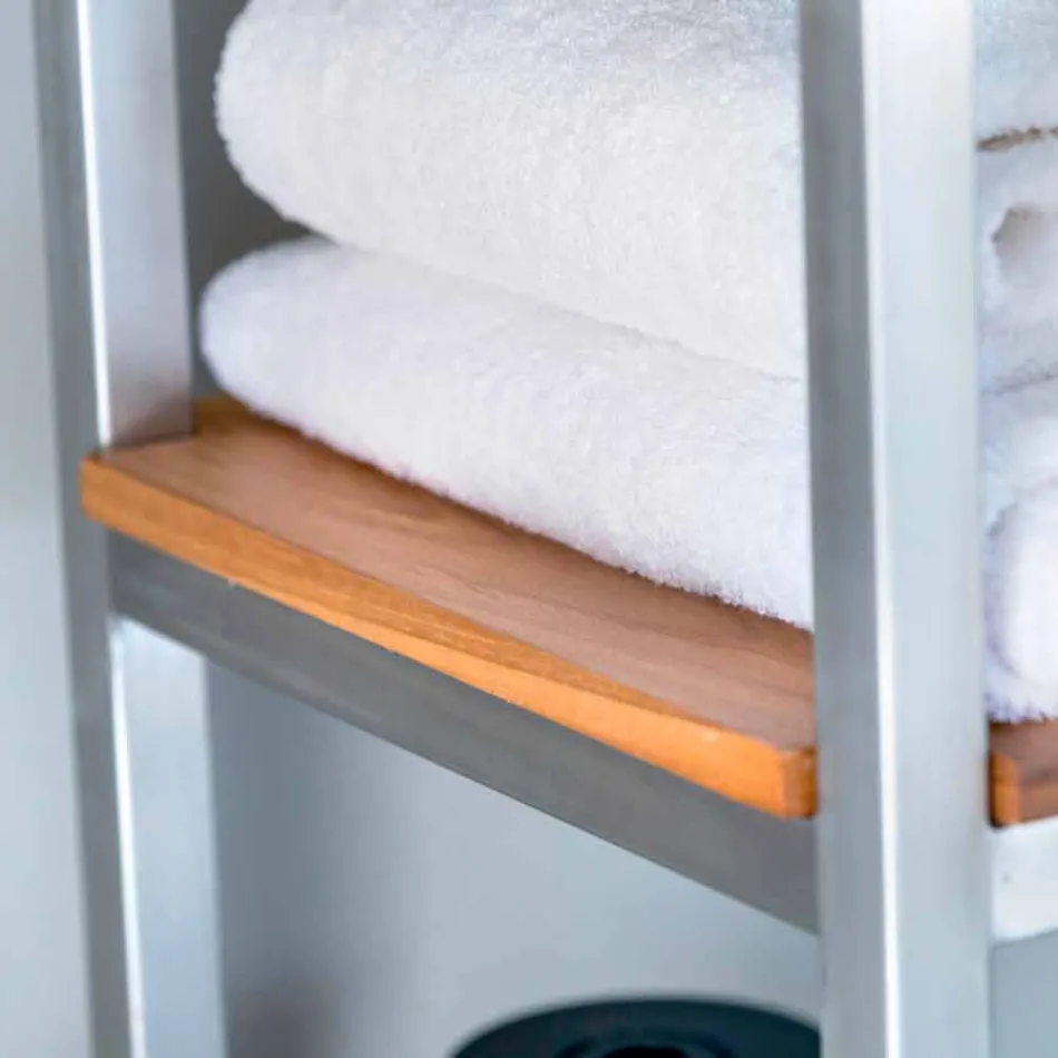 Mueble de baño columna en teca y acero con 4 estantes abiertos - Tamburino Viadurini
