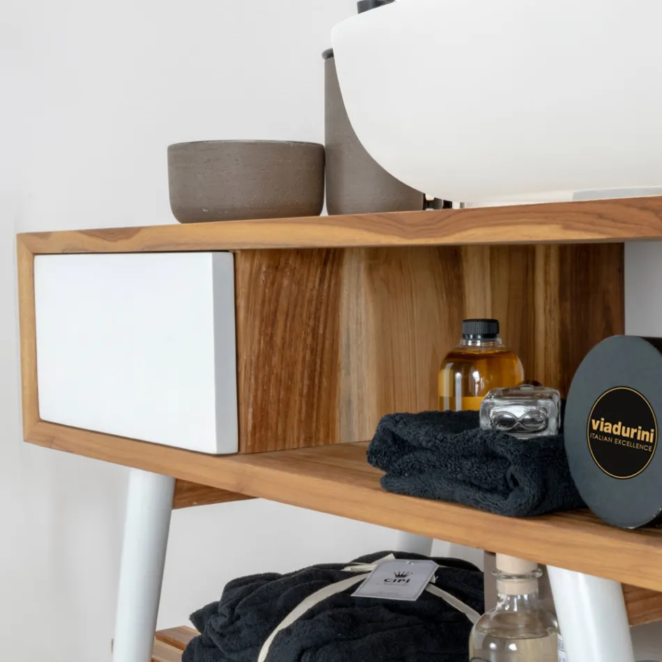 Mueble de baño de pie en teca natural blanca con cajones de colores - Benoit Viadurini