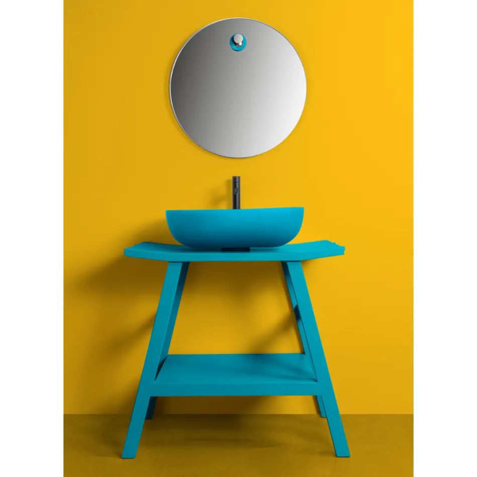 Mueble de baño de pie de teca azul y estante conveniente con parte superior semicurva - Crina Viadurini