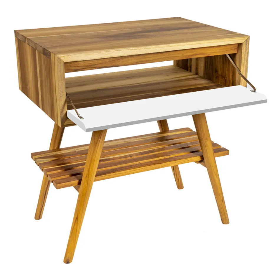 Mueble de baño de suelo en teca recuperada y encimera de apoyo blanca - Gatien Viadurini