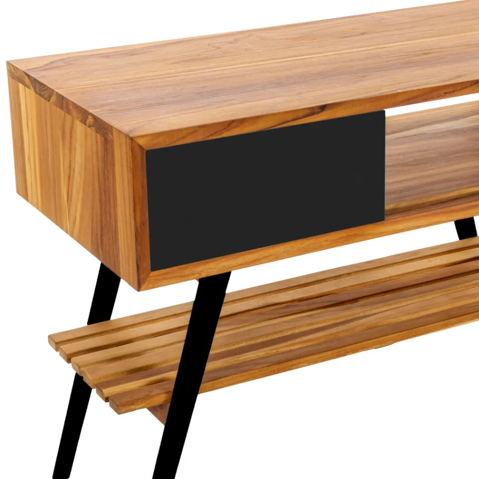 Mueble de baño moderno negro en teca natural con cajones - Benoit Viadurini