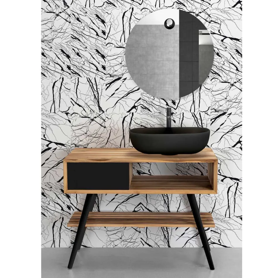 Mueble de baño moderno negro en teca natural con cajones - Benoit Viadurini
