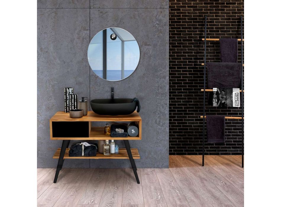 Mueble de baño moderno negro en teca natural con cajones - Benoit Viadurini