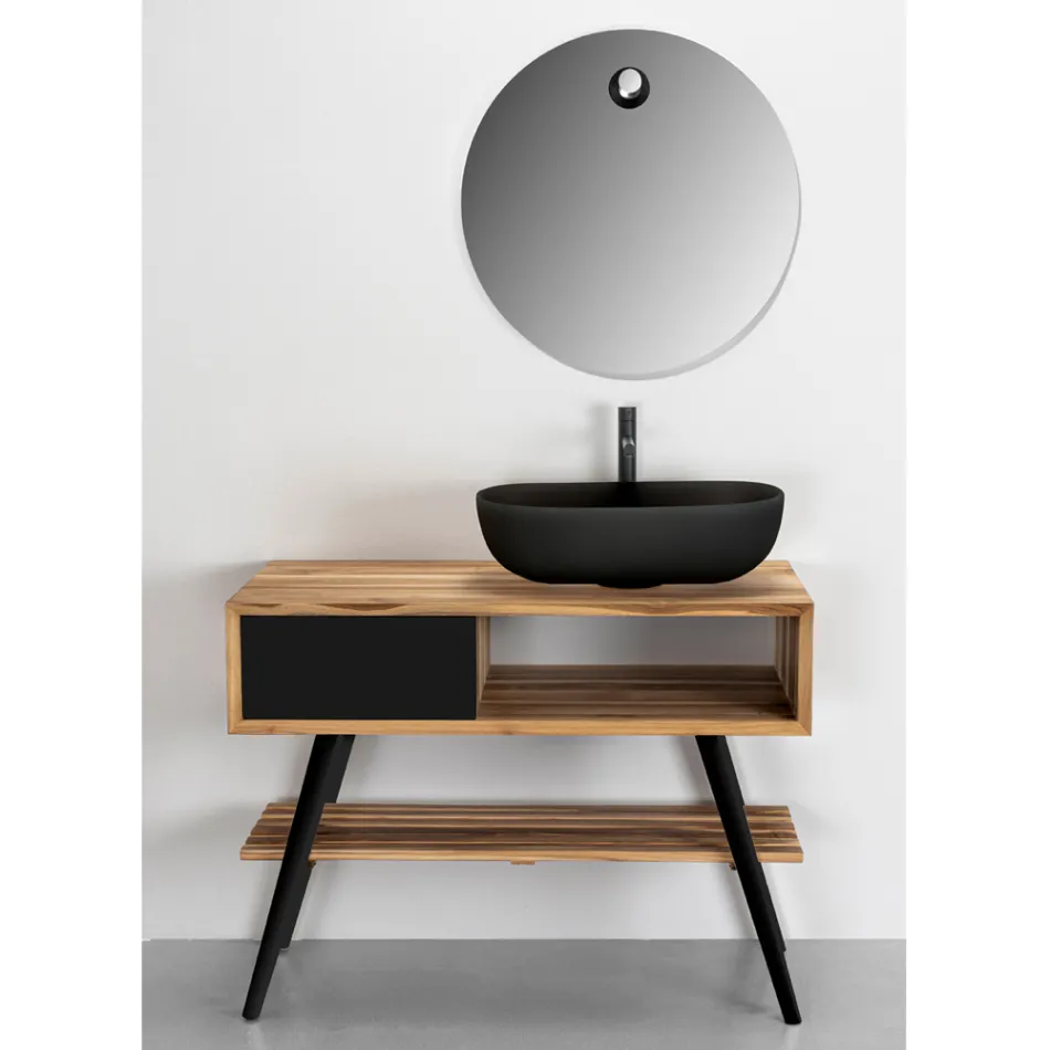 Mueble de baño moderno negro en teca natural con cajones - Benoit Viadurini