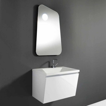 Mueble de baño con lavabo y espejo, diseño moderno en madera blanca y resina - Fausta Viadurini