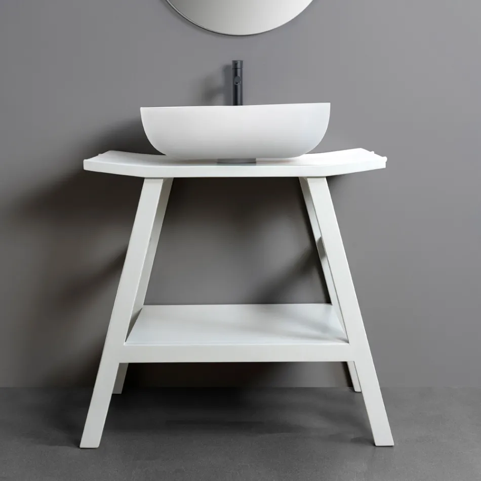 Mueble de baño de diseño de teca recuperada con tapa blanca y soporte - Crina Viadurini