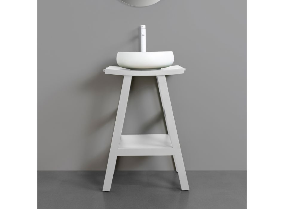 Mueble de baño de diseño en teca natural con tapa y soporte en blanco mate - Raomi Viadurini