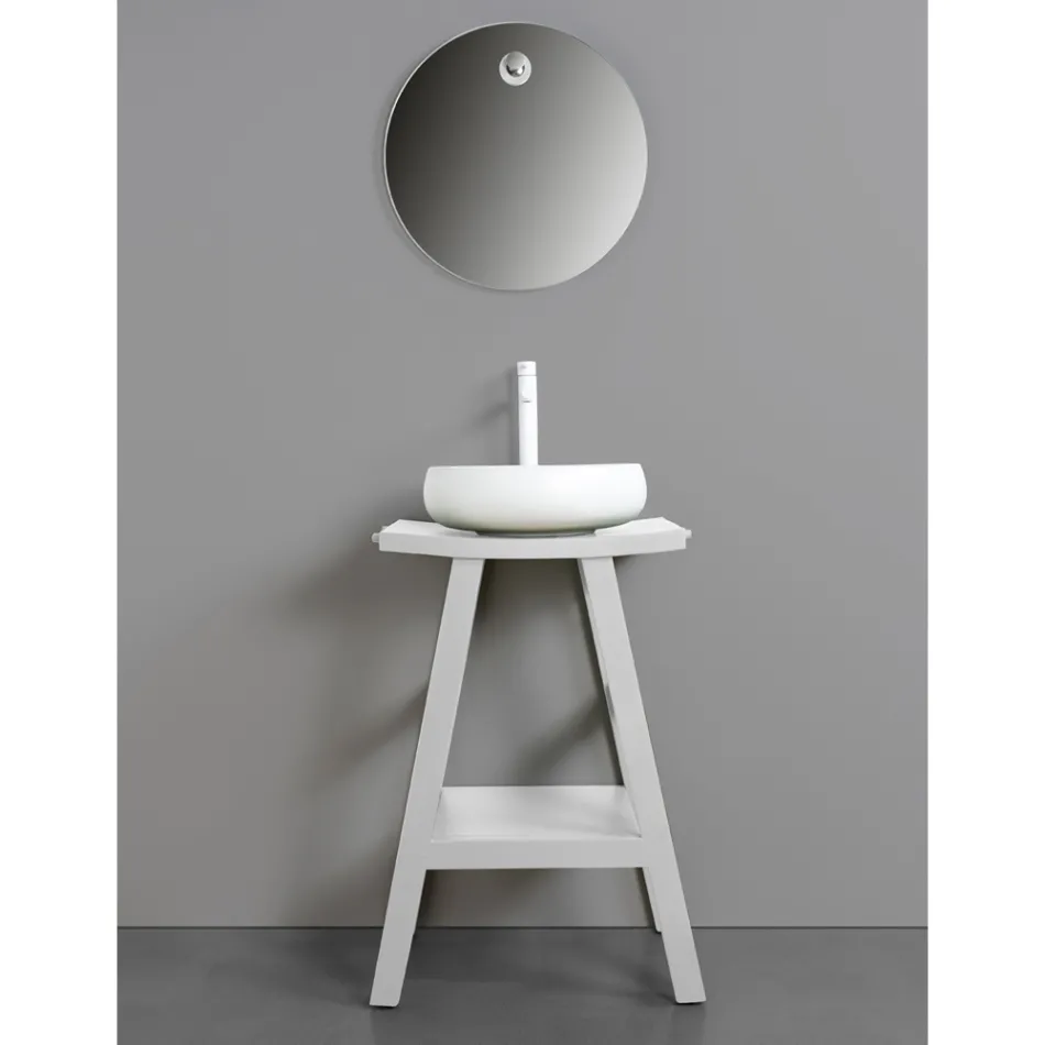 Mueble de baño de diseño en teca natural con tapa y soporte en blanco mate - Raomi Viadurini