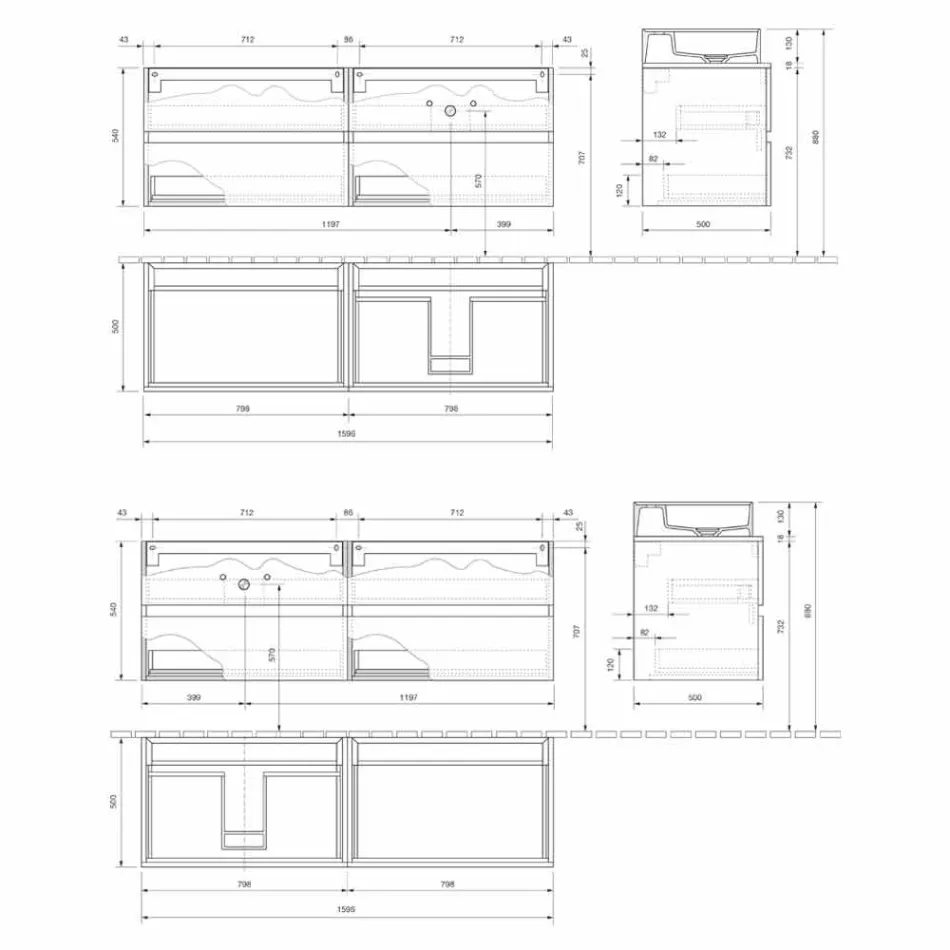 Mueble de Baño de Diseño Moderno con Lavabo Sobre Encimera Derecho o Izquierdo 4 Acabados - Alchimeo Viadurini