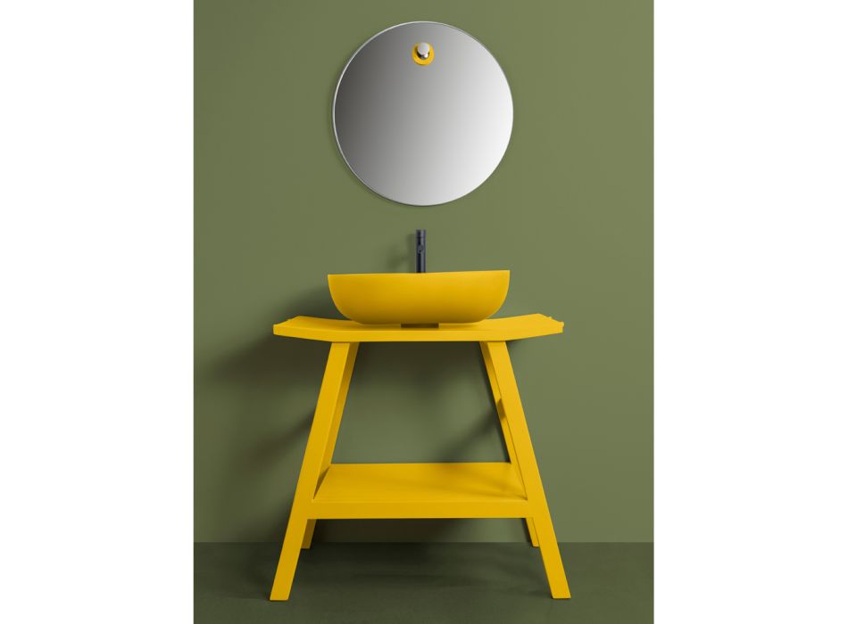 Mueble de baño de teca amarilla con parte superior semicurva y estante conveniente - Crina Viadurini