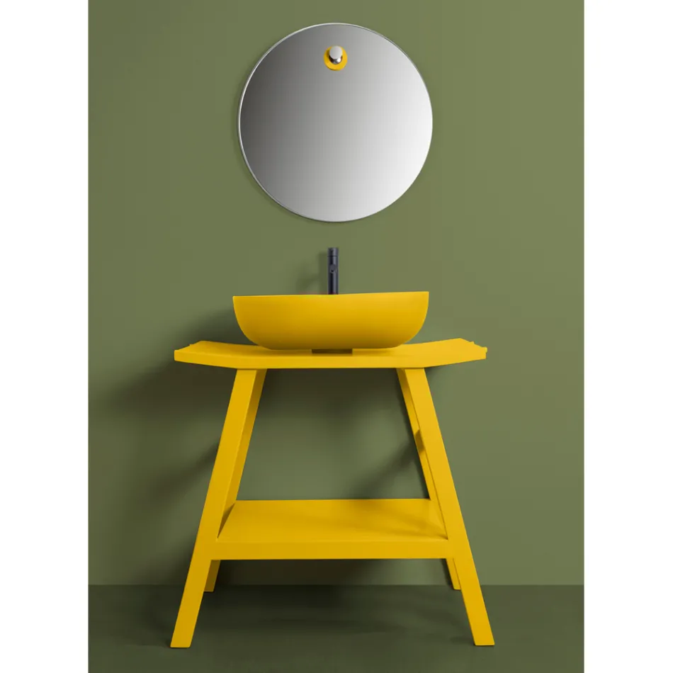 Mueble de baño de teca amarilla con parte superior semicurva y estante conveniente - Crina Viadurini