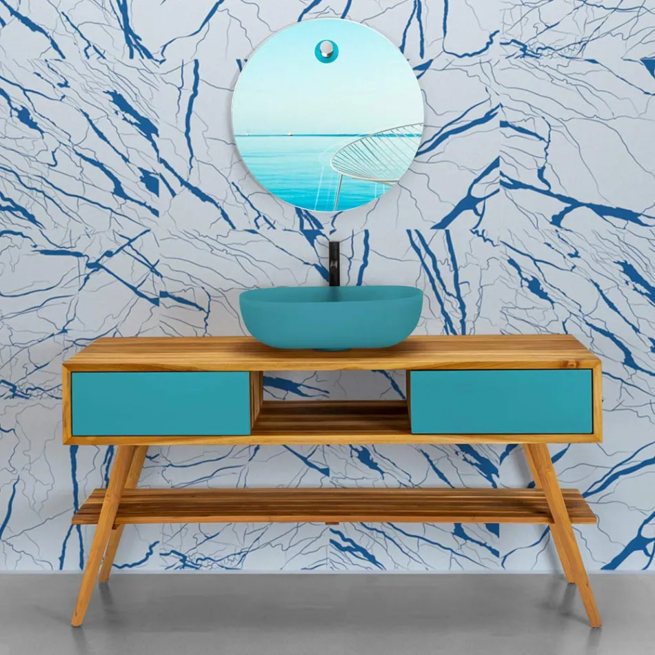 Mueble de baño moderno en teca natural con cajón de color azul - Hamadou Viadurini