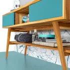 Mueble de baño moderno en teca natural con cajón de color azul - Hamadou Viadurini