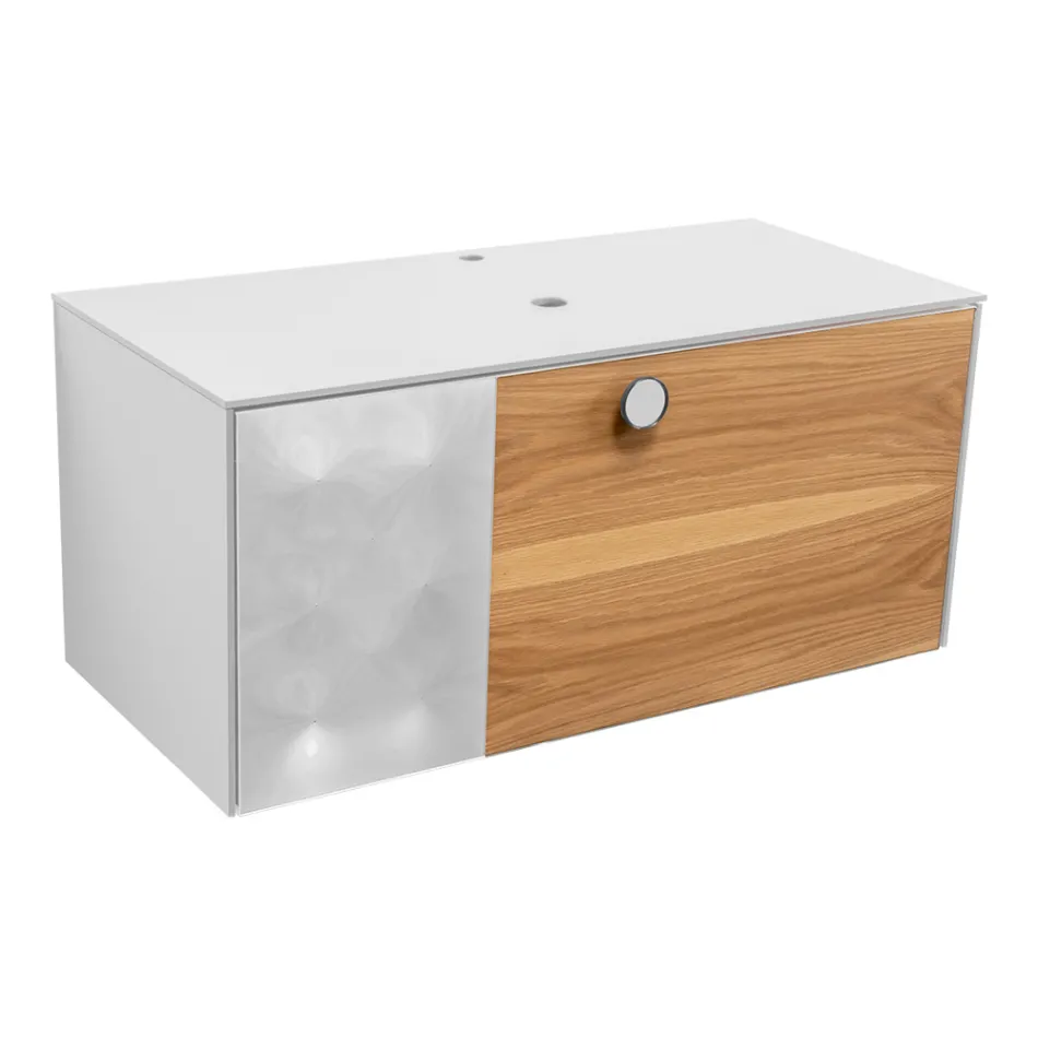 Mueble de baño suspendido de 100 cm en cristal templado de 8 mm y roble europeo - Excelsior Viadurini