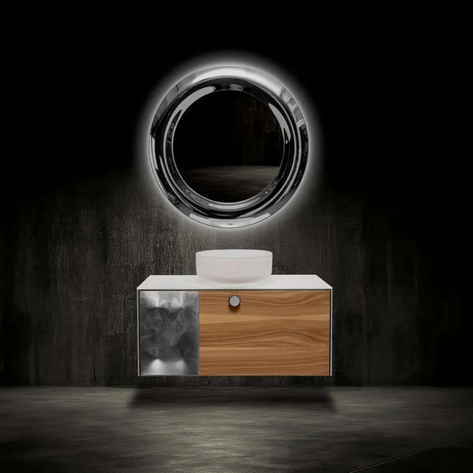 Mueble de baño suspendido de 100 cm en cristal templado de 8 mm y roble europeo - Excelsior Viadurini