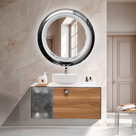 Mueble de baño suspendido de 100 cm en cristal templado de 8 mm y roble europeo - Excelsior Viadurini