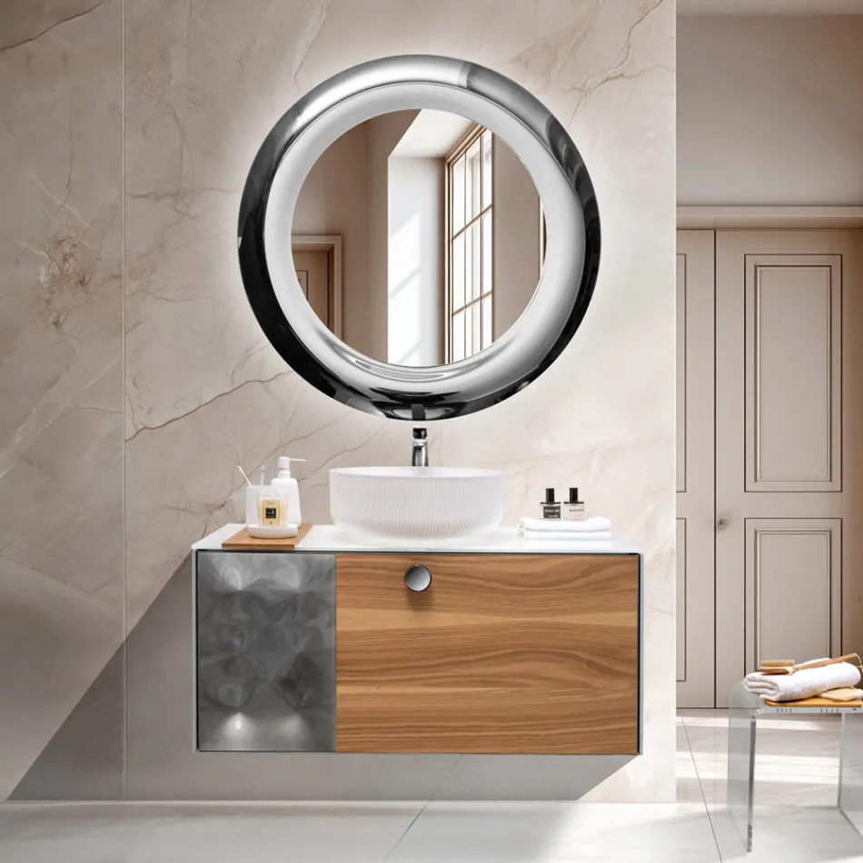 Mueble de baño suspendido de 100 cm en cristal templado de 8 mm y roble europeo - Excelsior Viadurini