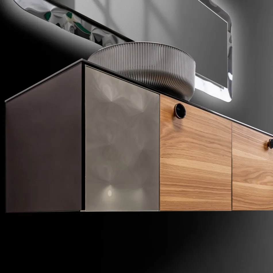 Mueble de baño suspendido de 160 cm en cristal templado de 8 mm y roble europeo - Excelsior Viadurini