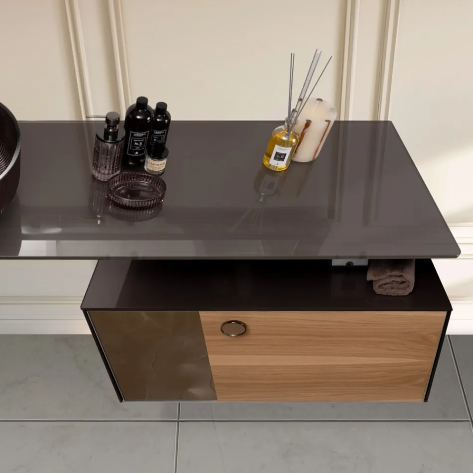 Mueble de baño suspendido de 80 cm en cristal templado de 8 mm y roble europeo - Excelsior Viadurini