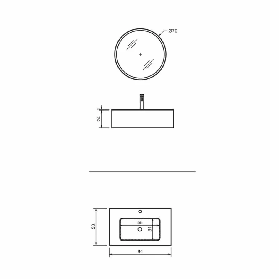 Mueble de baño suspendido con cajón y lavabo integrado y espejo redondo - Renga Viadurini