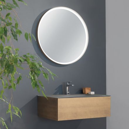 Mueble de baño suspendido con espejo en metal, madera y cristal de lujo - Renga Viadurini