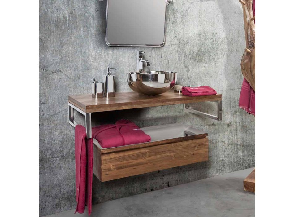 Mueble de baño suspendido de teca con toallero de acero inoxidable - Saverno Viadurini
