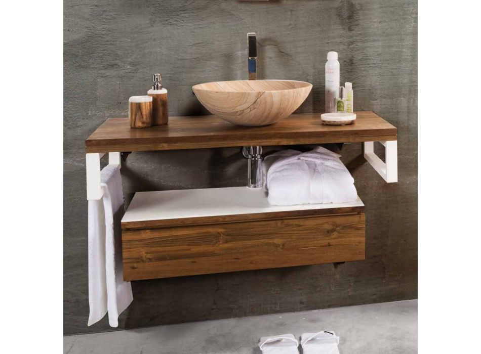 Mueble de baño suspendido en teca con toallero en Hi Macs® White - Saverno Viadurini