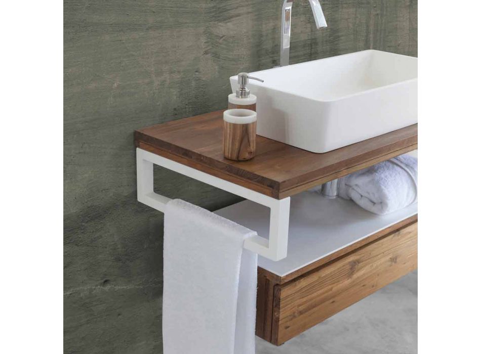 Mueble de baño suspendido en teca con toallero en Hi Macs® White - Saverno Viadurini