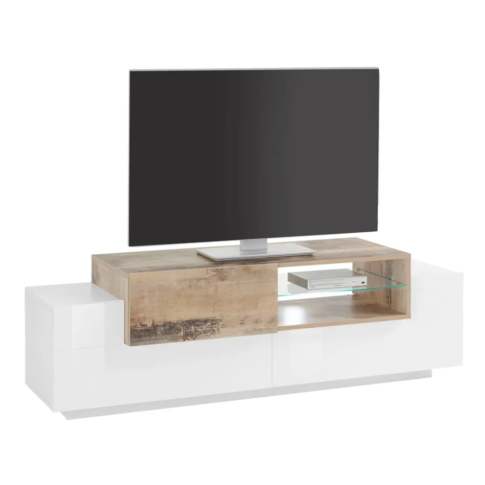 Mueble de TV bajo de madera para sala de estar 3 puertas y compartimento abierto - Theresse Viadurini