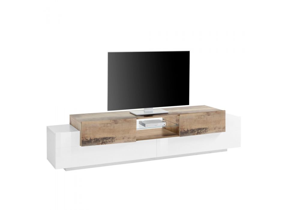 Mueble de TV bajo de madera para sala de estar 4 puertas y compartimento abierto - Theresse Viadurini