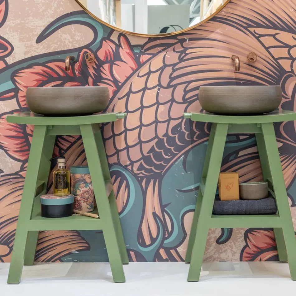 Mueble de baño independiente con acabado en teca y estante verde grande - Raomi Viadurini