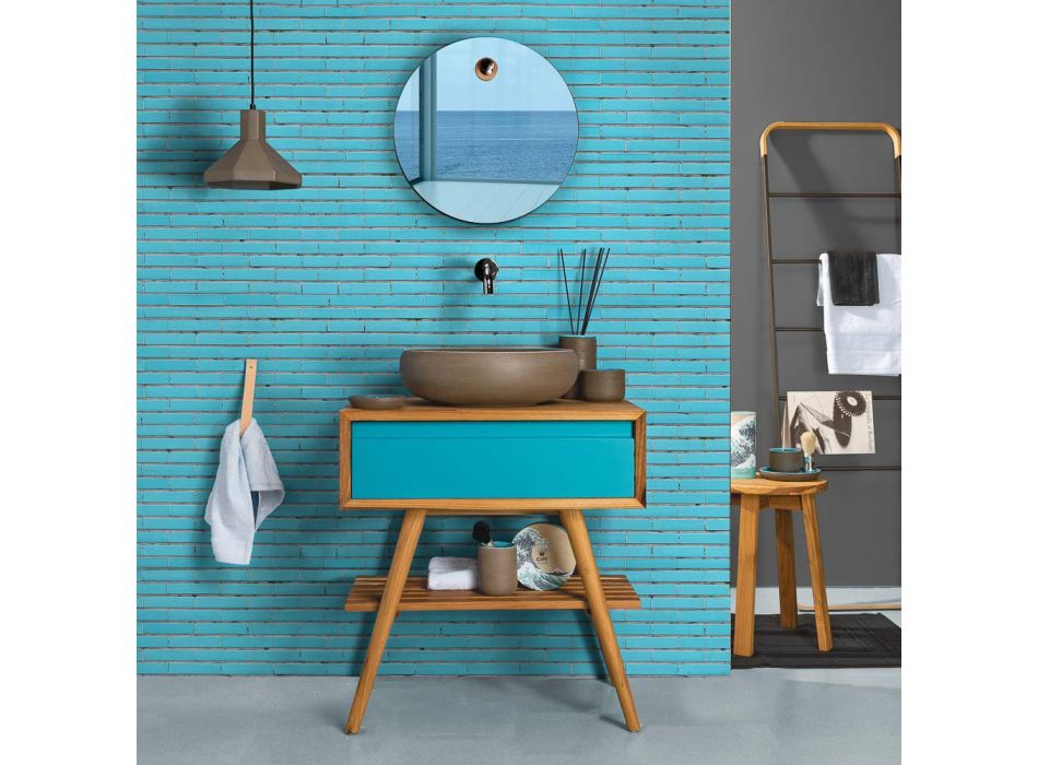 Mueble de baño de pie en teca natural azul con cajón de color - Gatien Viadurini