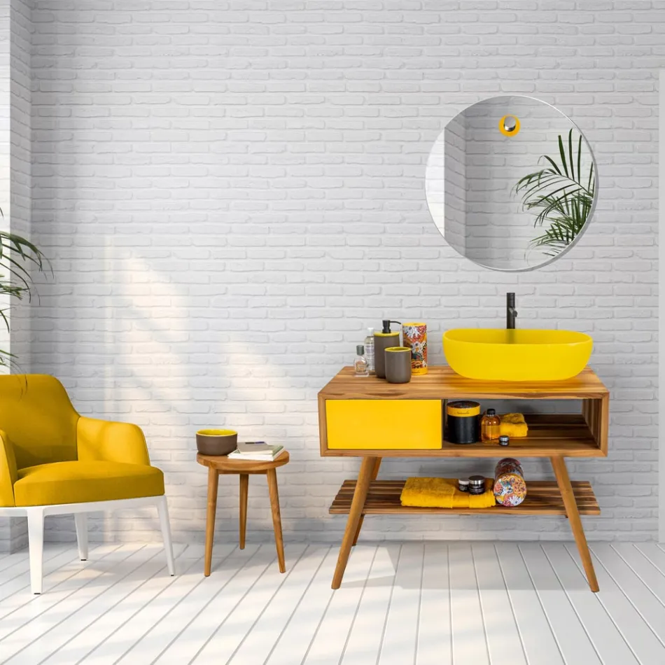 Mueble de baño amarillo moderno con estante grande y cajonera - Benoit Viadurini