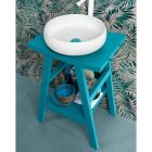 Mueble de baño de teca con parte superior semicurva y práctico estante azul - Raomi Viadurini
