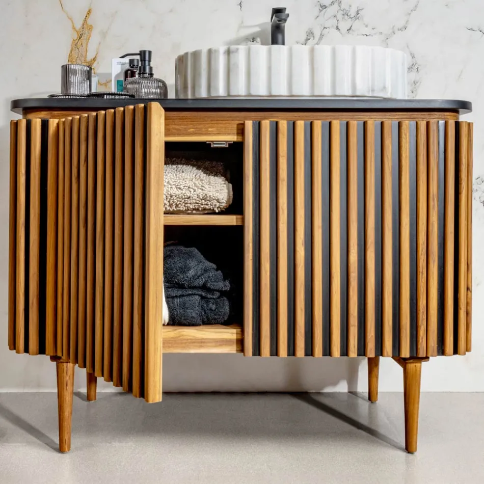 Mueble de baño hecho a mano de teca maciza y caoba - Heliconia Viadurini