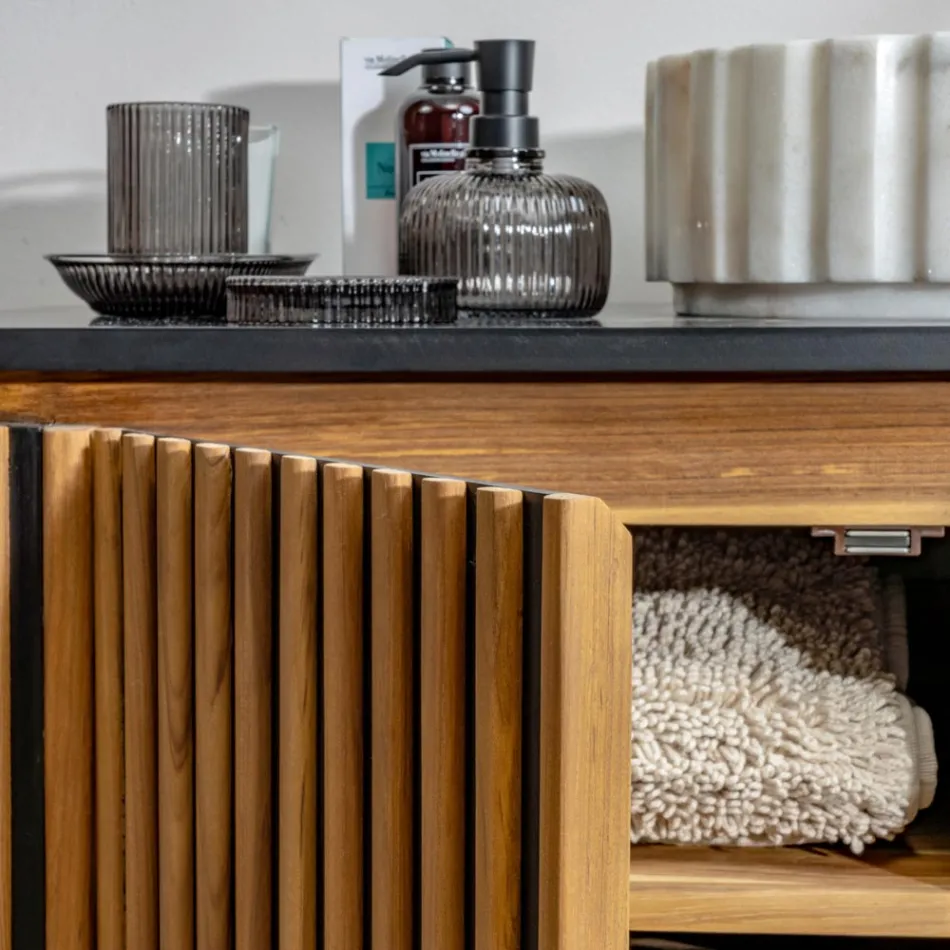 Mueble de baño hecho a mano de teca maciza y caoba - Heliconia Viadurini