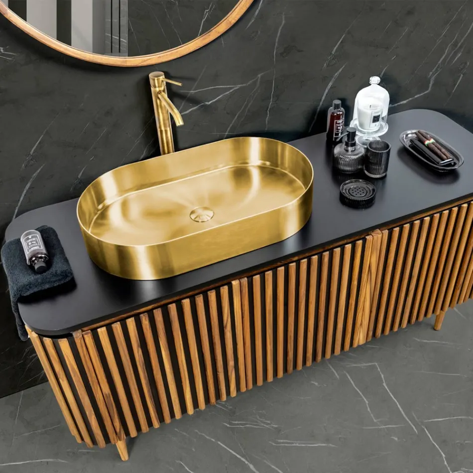 Mueble de baño hecho a mano de teca maciza y caoba - Heliconia Viadurini