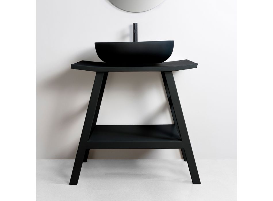 Mueble de baño moderno de teca con tapa y soporte de color negro mate - Crina Viadurini